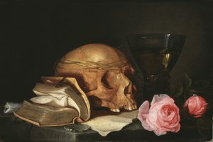 Naturaleza muerta de vanitas con una calavera, un libro y rosas, c.1630