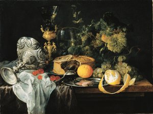 Alemán: Magnífico bodegón con frutas, pastel y copas Suntuoso bodegón con frutas, pastel y copas, 1651