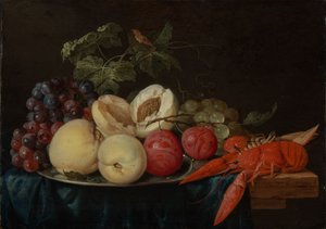 Bodegón con fruta y una langosta