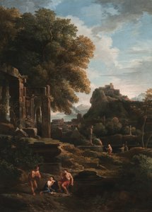 Un paisaje clásico con figuras en primer plano, ruinas a la izquierda y una figura en el centro haciendo un sacrificio de Jan Frans van Bloemen