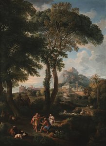Un paisaje fluvial clásico con figuras saludándose en un camino en primer plano, una vista de una ciudad en la distancia de Jan Frans van Bloemen