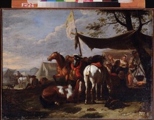 ""Grupo de jinetes en el campamento"" (Un campamento de caballería) Pintura de Jan Frans van Bloemen (1662-1749) Museo de Arte del Lejano Oriente del siglo XVIII, Khabarovsk Rusia de Jan Frans van Bloemen