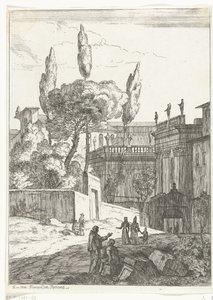 Paisaje de estilo italiano con edificios y figuras antiguas. de Jan Frans van Bloemen