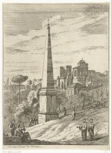 Paisaje de estilo italiano con un obelisco y una vista de la ciudad.