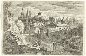 Paisaje de estilo italiano con viajeros en las murallas de la ciudad de Jan Frans van Bloemen