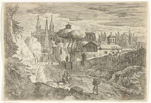 Paisaje de estilo italiano con viajeros en las murallas de la ciudad de Jan Frans van Bloemen