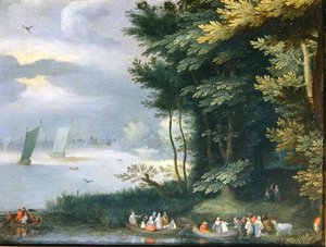 Orillas de un lago con figuras embarcando en botes de remo de Jan Frans van Bredael