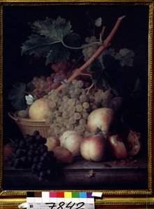 ""Frutas"" Bodegón de melocotones, uvas, peras y granadas con mariposas y una avispa. Pintura de Jean Francois van Dael (1764-1840) 1808 Museo Pushkin, Moscú de Jan Frans van Dael
