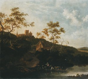 Un paisaje fluvial con un caballero a caballo y campesinos en un ferry, una taberna debajo de un castillo más allá de Jan Gabrielsz. Sonje