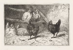 Gallo y cinco gallinas en un gallinero de Jan Gerard Smits