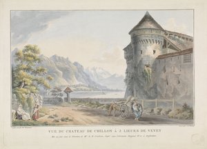 Vista del castillo de Chillon kasteel Vue du Chateau de Chillon à 2 lieues de Vevey (título sobre objeto) de Jan Gerard Waldorp