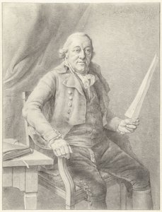 Retrato de Reinier Vinkeles I, sentado en una silla con una hoja de papel en la mano de Jan Gerard Waldorp