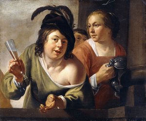 Un joven bebedor y una sirvienta bebiendo en un balcón de Jan Gerritsz. van Bronckhorst