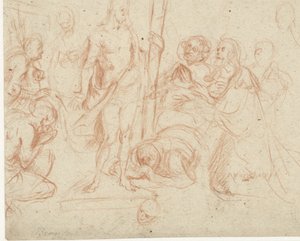 Cristo con la cruz rodeado de figuras arrodilladas de Jan Gerritsz. van Bronckhorst