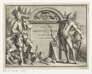 Twee jagers para entornos arquitectónicos Titelpagina voor: James Beeverell, Las delicias de Gran Bretaña e Irlanda, Volumen siete, 1707 de Jan Goeree (possibly)