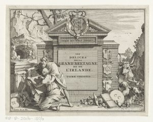 Hombre señala dibujo joven a una ruina Página de título para: James Beeverell, Les delices de la Grand