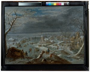 Paisaje invernal con patinadores sobre hielo en un estanque helado junto a un pueblo
