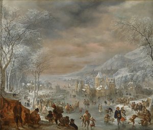 Paisaje de invierno con patinadores, iglesia y pueblo a lo largo de la orilla de un río