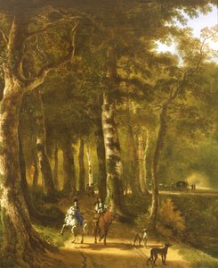 Viajeros en un sendero en un paisaje boscoso de Jan Hackaert