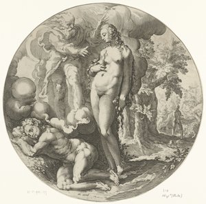Sexto Día de la Creación: Creación del Hombre Dies VI (título sobre objeto) Creación del mundo (título de la serie) de Jan Harmensz. Muller