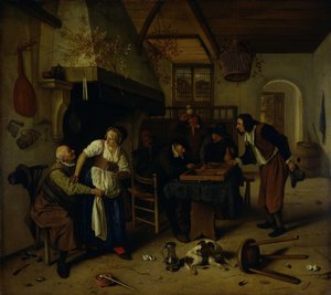 Interior de una posada con un anciano divirtiéndose con la dueña y dos hombres jugando al backgammon, conocido como "Dos tipos de juegos de Jan Havicksz. Steen