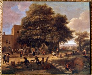 El juego de bolos. Grupo de campesinos jugando y descansando en un patio de granja. Pintura de Jan Steen (1626-1679) de Jan Havicksz. Steen