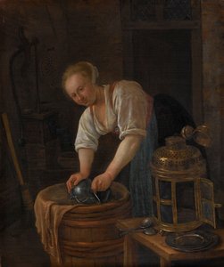 Mujer limpiando la vajilla de metal de Jan Havicksz. Steen
