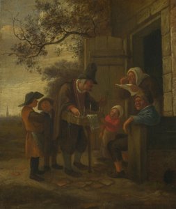 Un vendedor ambulante vendiendo gafas fuera de una cabaña de Jan Havickszoon Steen