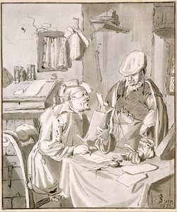 Dos hombres discutiendo dinero en una oficina, copiado por Cornelis Ploos van Amstel o Christian Josi de Jan Havickszoon Steen
