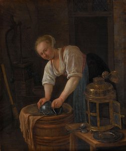 Mujer limpiando utensilios de metal, 1650-60 de Jan Havickszoon Steen