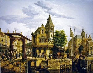 Escena de una calle holandesa junto a un canal