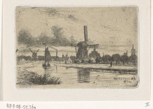 Paisaje de río con molinos de viento de Jan Heppener