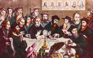 La luz se coloca en el candelabro - Grabado de Jan HOUWENS que muestra Los reformadores - Juan Calvino y Martín Lutero Reunión imaginaria de líderes reformistas: John Wyclif (o Wycliff o Wycliffe de Jan Houwens
