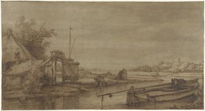 Vista del canal con la granja y la barcaza amarrada