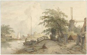 Paisaje con puente y casa en la carretera a lo largo de un paseo marítimo de Jan Hulswit