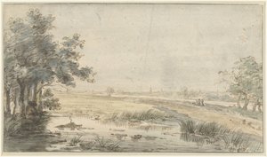Paisaje con un pescador al borde del agua de Jan Hulswit