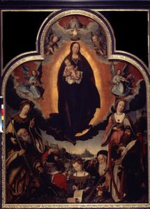 ""La Vierge en Gloire"" (La glorificación de la Virgen) Entre los personajes que rodean a la Virgen y Jesucristo: el rey David tocando el arpa, el emperador romano Augusto (Caius Julius Caesar Octavianus Augustus) (63 aC- 14 dC), profetas de Jan II Provost
