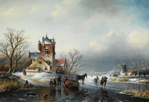 Jan Jacob Spohler Paisaje invernal con molino de viento y patinadores sobre hielo