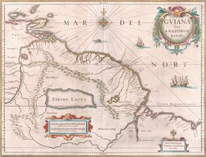 Mapa creado hacia 1649 que representa la región de la Guayana. El territorio reclamado por España en rojo al oeste, la Guayana Holandesa resaltada en amarillo y el territorio portugués en rojo al sureste. El mítico lago Parime también es visible