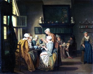 Interior burgués con damas tomando té, un hombre leyendo junto a la chimenea de Jan Josef the Elder Horemans