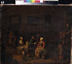 ""La cocina"" (La cocina) Sirvientes preparando la comida para sus amos, una mujer cortando verduras, otra detrás cerca de un lavadero, mientras un hombre habla mientras bebe. Pintura de Jan Joseph Horemans el Viejo (1682-1759) Mik del siglo XVIII. de Jan Josef the Elder Horemans