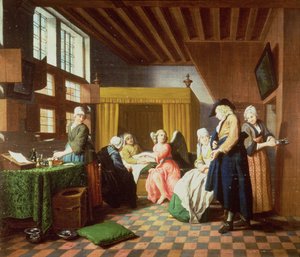 Las visitas del doctor - Un proverbio holandés: El doctor es retratado como un ángel administrando ayuda al hombre enfermo (uno de un conjunto de cuatro)
