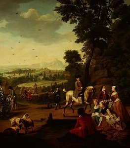 Una elegante fiesta de cetrería descansando en un parque de Jan Josef the Younger Horemans