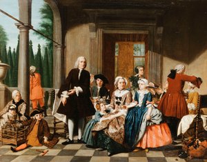Retrato de una Familia cenando en un Pórtico, un Jardín Formal al fondo, 1747 de Jan Josef the Younger Horemans