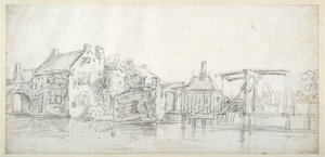 Un canal con edificios, incluyendo una casa de peaje y un puente de peaje, c.1650 de Jan Josefsz. van (circle of) Goyen