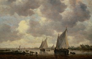 Un Canal en Holanda, o Dos Grandes Barcos de Vela y Ganado Cerca de un Río