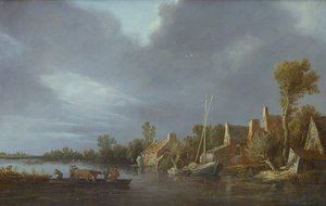 Un pueblo junto a un río con campesinos y ganado en un ferry de Jan Josephsz van Goyen