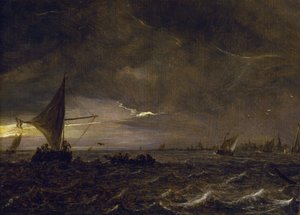 Barcas de pesca en un estuario al atardecer, con la vista de una ciudad y su campanario en el horizonte. Óleo sobre madera de Jan van Goyen (1596-1656). de Jan Josephsz van Goyen