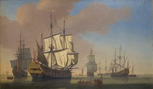 Buques de guerra ingleses en una rada en clima tranquilo