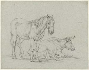 Caballo de pie y vaca acostada
